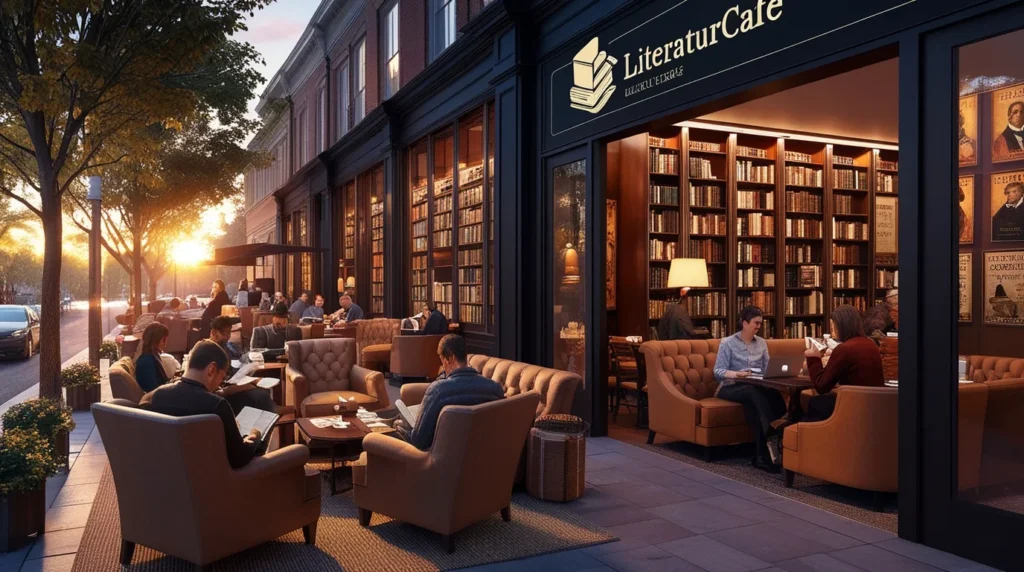 Leonardo phoenix a cozy literaturcafe scene at dusk with warm
