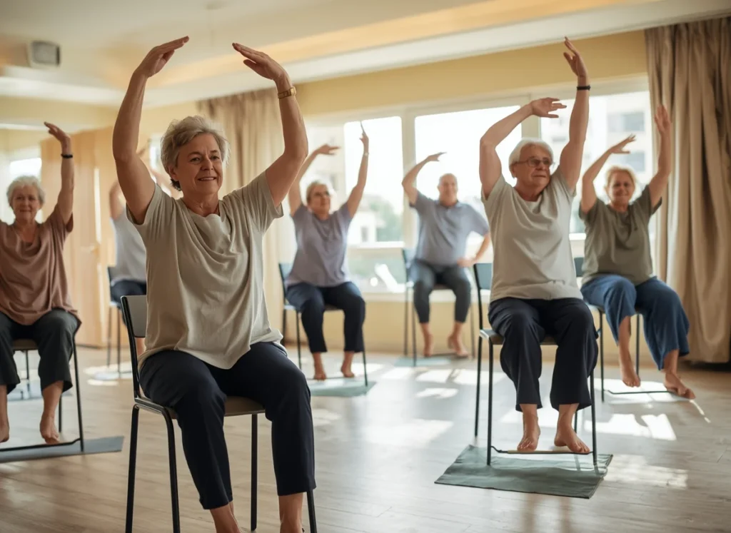 Lucid origin realistic photographic scene of a chair exercise class in progress. several adul