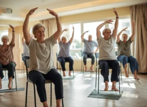 Lucid origin realistic photographic scene of a chair exercise class in progress. several adul