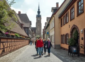 Lucid origin realistic photographic scene of a guided city tour in a historic town. a small g