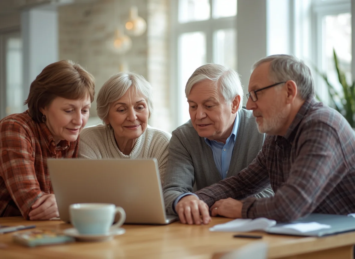 Lucid origin realistic photographic scene of adult education up to four older adults 60 plus