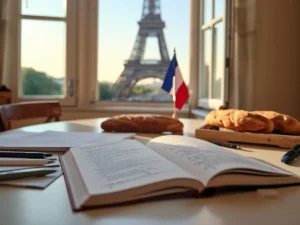 Lucid origin realistic photographic scene representing a french language conversation course.