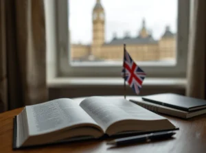 Lucid origin realistic photographic scene representing an english language course. a calm lea