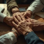 Lucid origin warm realistic close up image of several mature hands resting together on a tabl