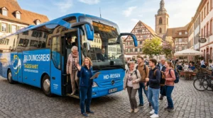 Nano banana 2 thema reisen warm einladend freundlich blauer moderner reisebus bildungsreise ta