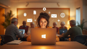 Gemini 2.5 flash image A bright friendly computer learning scene for senior beginners cozy modern class