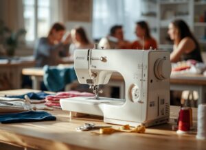 Lucid origin Cozy creative sewing workshop scene modern sewing machine on a wooden table soft