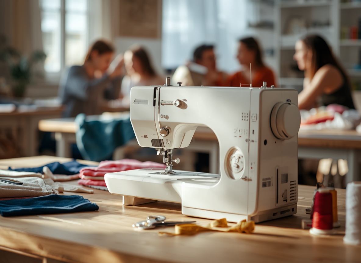 Lucid origin Cozy creative sewing workshop scene modern sewing machine on a wooden table soft